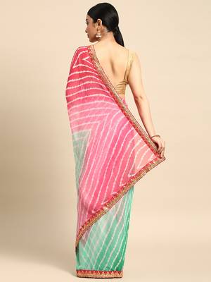 Green leheriya saree with  unstitched blouse piece 2