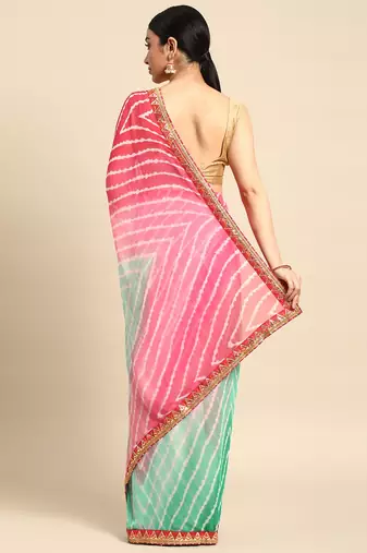 Green leheriya saree with  unstitched blouse piece