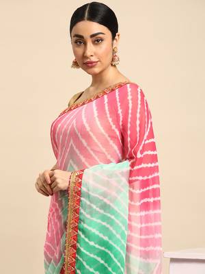 Green leheriya saree with  unstitched blouse piece 3
