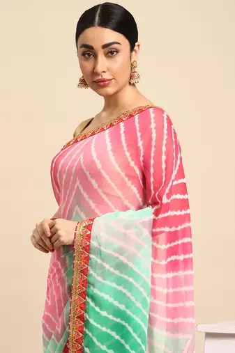Green leheriya saree with  unstitched blouse piece