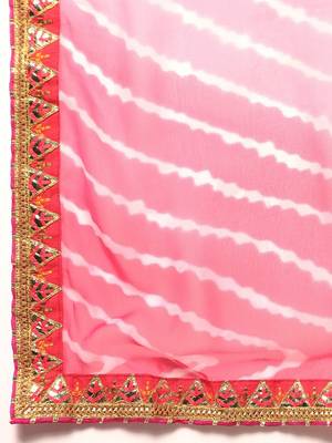 Green leheriya saree with  unstitched blouse piece 4