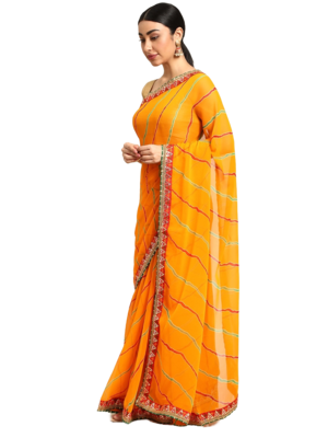Yellow leheriya saree with  unstitched blouse piece 1