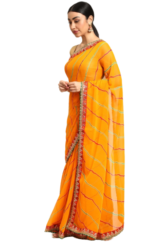 Yellow leheriya saree with  unstitched blouse piece