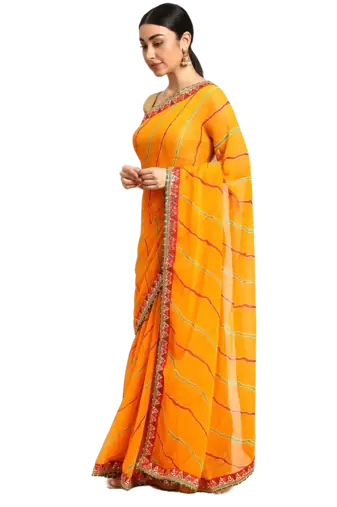 Yellow leheriya saree with  unstitched blouse piece