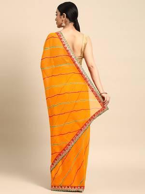 Yellow leheriya saree with  unstitched blouse piece 2
