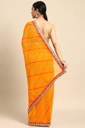 Yellow leheriya saree with  unstitched blouse piece
