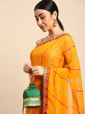 Yellow leheriya saree with  unstitched blouse piece 3