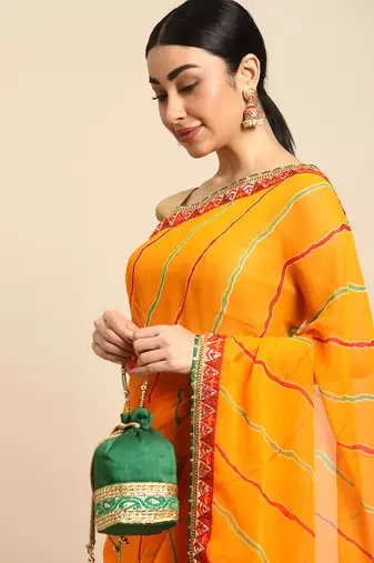 Yellow leheriya saree with  unstitched blouse piece