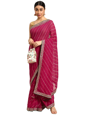 Pink leheriya saree with lace border and  unstitched blouse piece 1