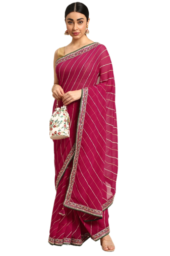 Pink leheriya saree with lace border and  unstitched blouse piece