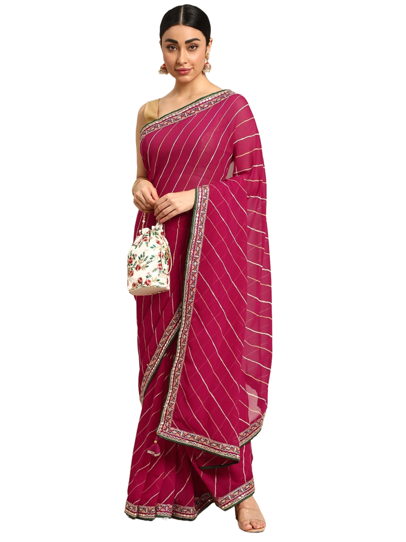 Pink leheriya saree with lace border and  unstitched blouse piece
