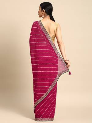 Pink leheriya saree with lace border and  unstitched blouse piece 2
