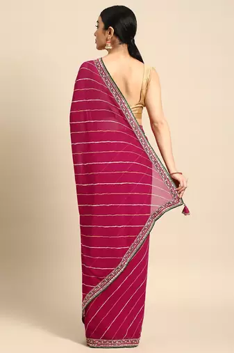 Pink leheriya saree with lace border and  unstitched blouse piece