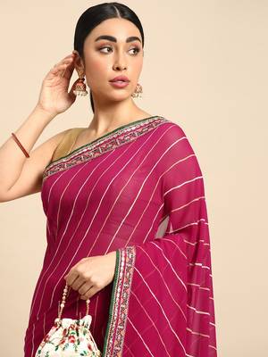 Pink leheriya saree with lace border and  unstitched blouse piece 3