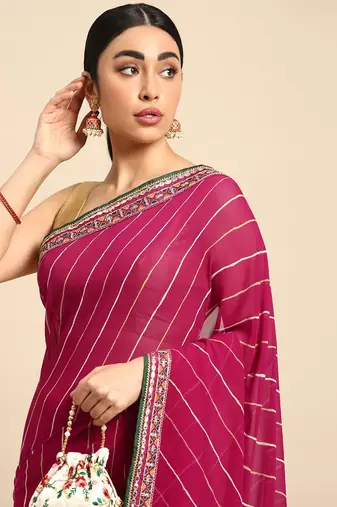 Pink leheriya saree with lace border and  unstitched blouse piece