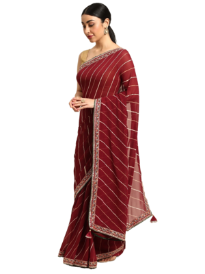 Maroon leheriya saree with lace border and  unstitched blouse piece 1