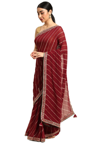 Maroon leheriya saree with lace border and  unstitched blouse piece