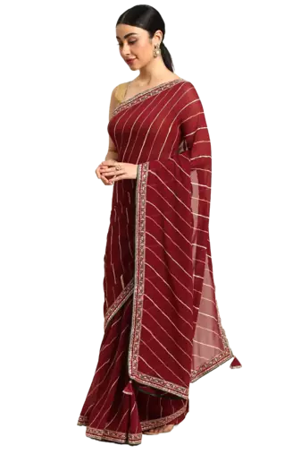 Maroon leheriya saree with lace border and  unstitched blouse piece