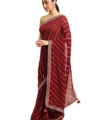 Maroon leheriya saree with lace border and  unstitched blouse piece