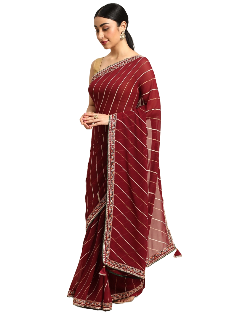 Maroon leheriya saree with lace border and  unstitched blouse piece