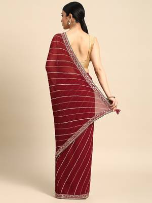 Maroon leheriya saree with lace border and  unstitched blouse piece 2