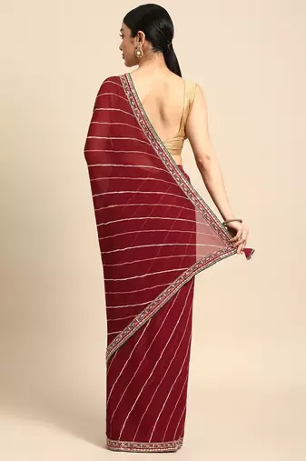 Maroon leheriya saree with lace border and  unstitched blouse piece