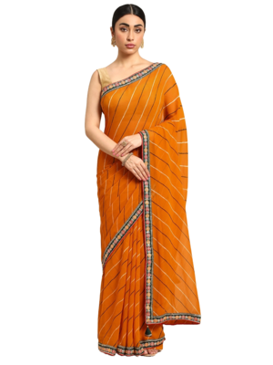 Yellow leheriya saree with lace border and  unstitched blouse piece 1
