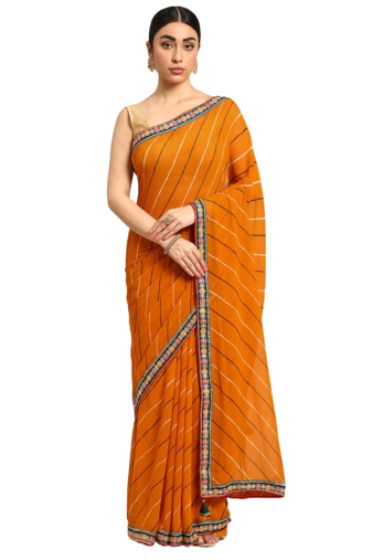 Yellow leheriya saree with lace border and  unstitched blouse piece