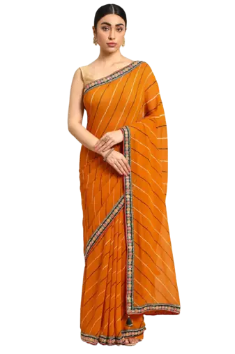 Yellow leheriya saree with lace border and  unstitched blouse piece