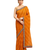 Yellow leheriya saree with lace border and  unstitched blouse piece