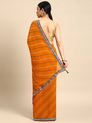 Yellow leheriya saree with lace border and  unstitched blouse piece 2