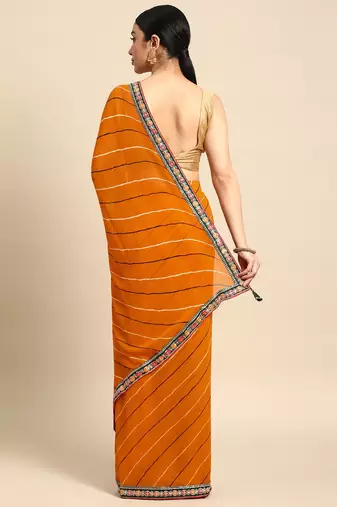Yellow leheriya saree with lace border and  unstitched blouse piece