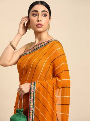 Yellow leheriya saree with lace border and  unstitched blouse piece 3