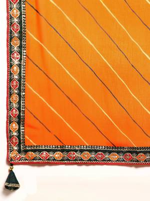 Yellow leheriya saree with lace border and  unstitched blouse piece 4