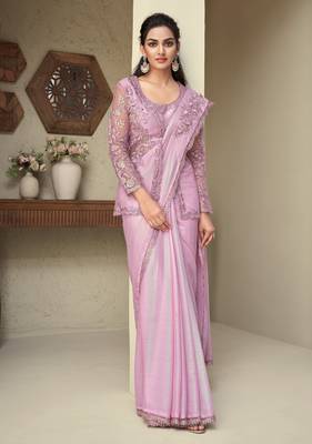 Light Lavender embroidered art silk saree with unstitched jacket 1