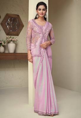 Light Lavender embroidered art silk saree with unstitched jacket 2