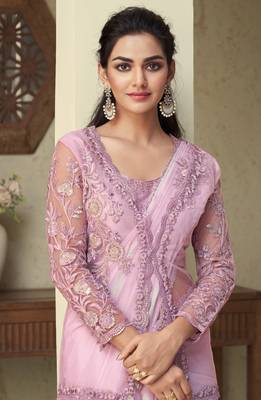 Light Lavender embroidered art silk saree with unstitched jacket 3
