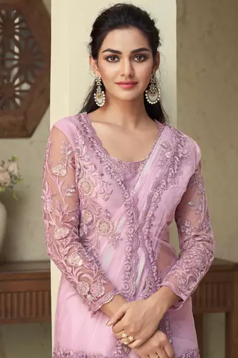 Light Lavender embroidered art silk saree with unstitched jacket