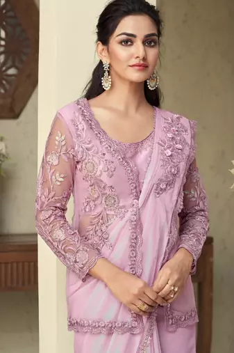 Light Lavender embroidered art silk saree with unstitched jacket