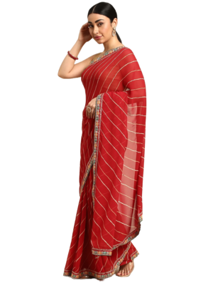 Red leheriya saree with lace border and  unstitched blouse piece 1