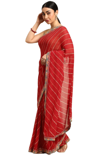 Red leheriya saree with lace border and  unstitched blouse piece
