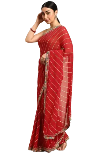 Red leheriya saree with lace border and  unstitched blouse piece