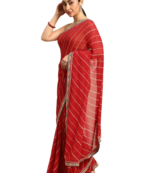 Red leheriya saree with lace border and  unstitched blouse piece