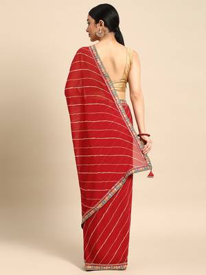Red leheriya saree with lace border and  unstitched blouse piece 2