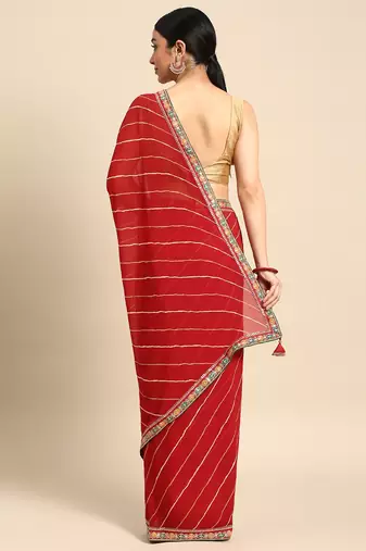 Red leheriya saree with lace border and  unstitched blouse piece