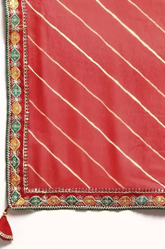 Red leheriya saree with lace border and  unstitched blouse piece
