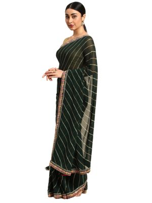 Green leheriya saree with lace border and  unstitched blouse piece 1