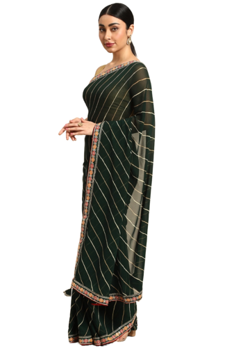 Green leheriya saree with lace border and  unstitched blouse piece