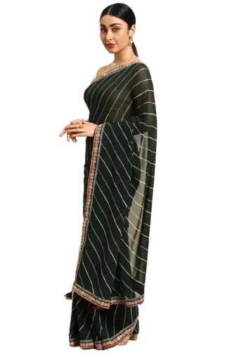 Green leheriya saree with lace border and  unstitched blouse piece