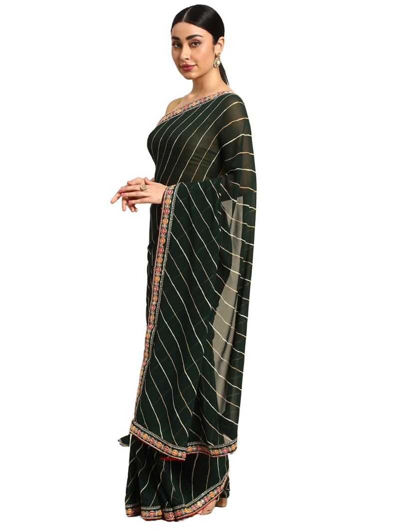 Green leheriya saree with lace border and  unstitched blouse piece
